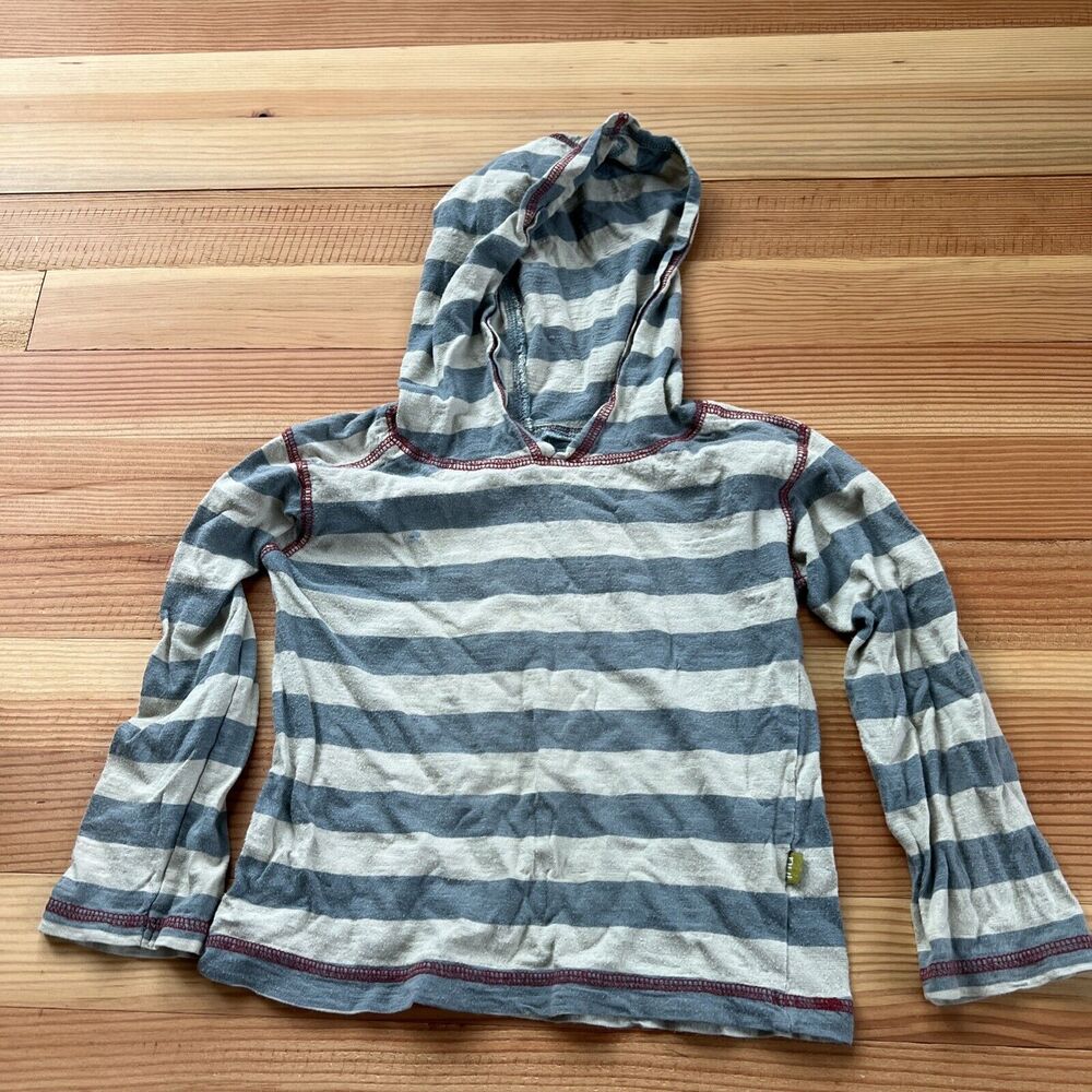Nui Boy size 4 lightweight hooded striped shirt blue and green/grey